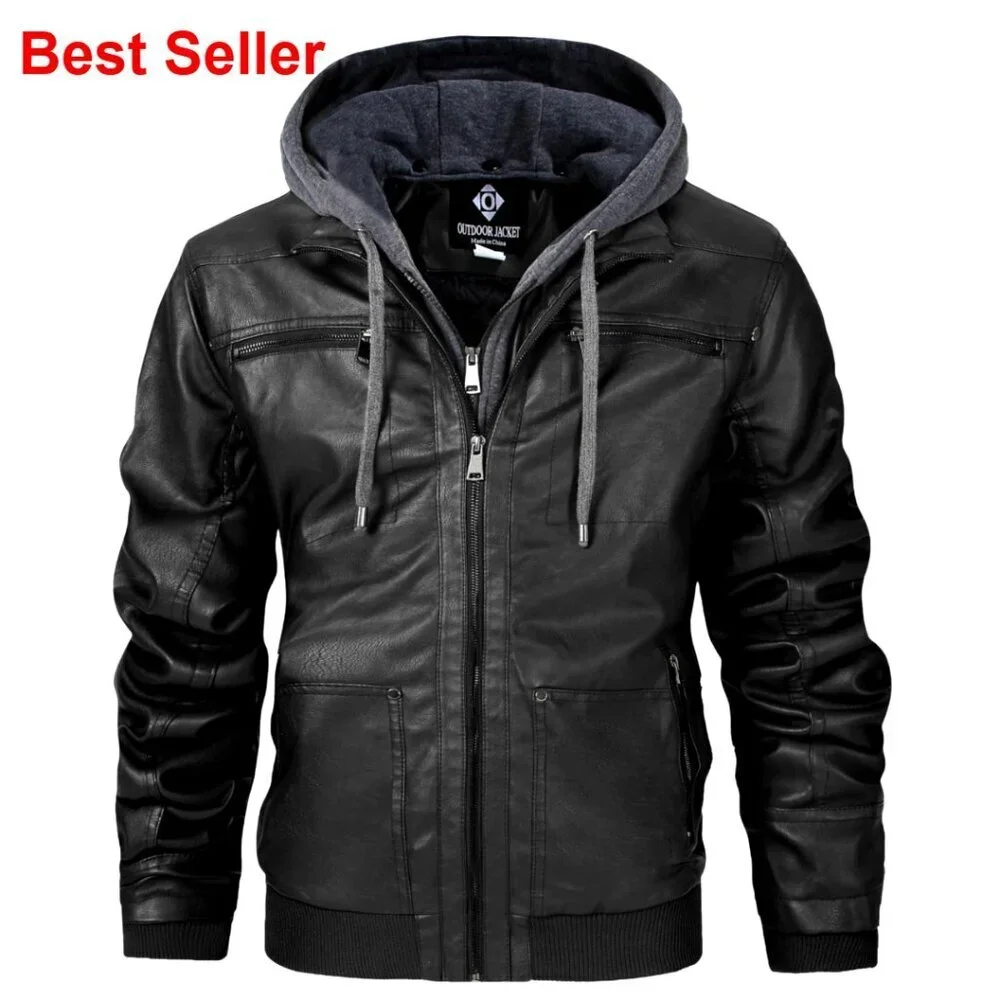 Men's Faux Leather Jacket with Removable Hood, Motorcycle Style